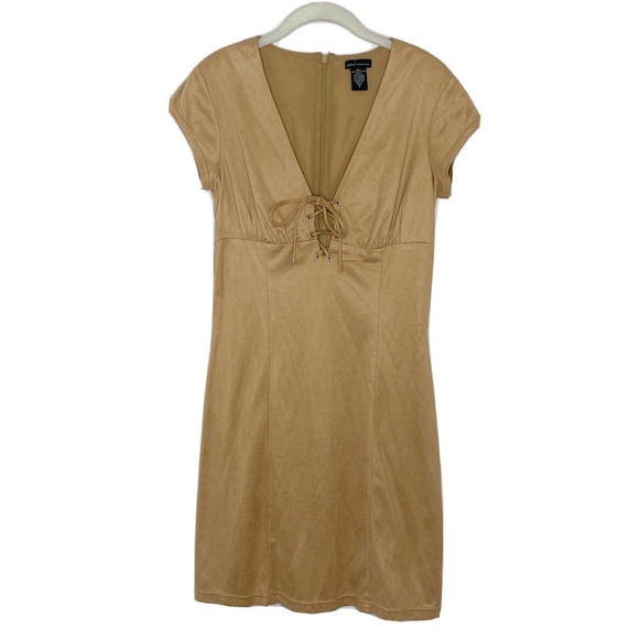Moda International Dresses & Skirts - Moda International Tan Faux Suede Short Sleeve Lace Up Mini Y2k Dress Sz 6 M5